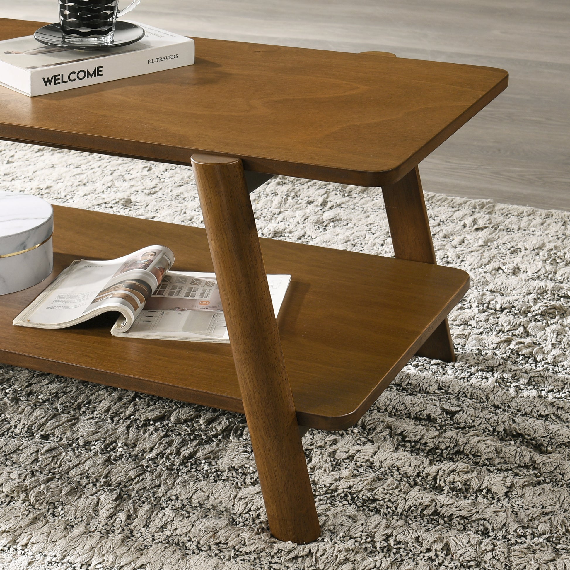 Metz Mid-Century Modern Wood Shelf Coffee Table, Walnut Finish image 3