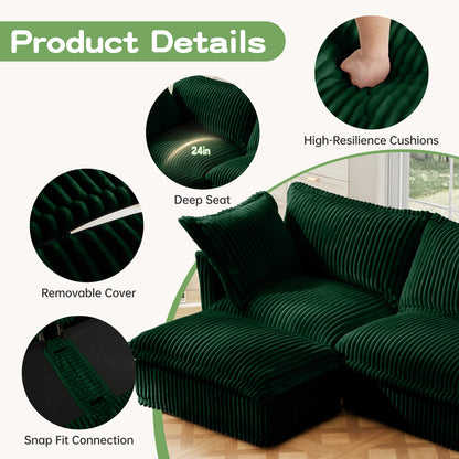 Slipcovered Sofa 2 Seater Sofa With 2 Ottomans, 2 Seater Sleeper Sofa Bed Home Theater Oversized Sofa For Living Room, Corduroy, Green image 11