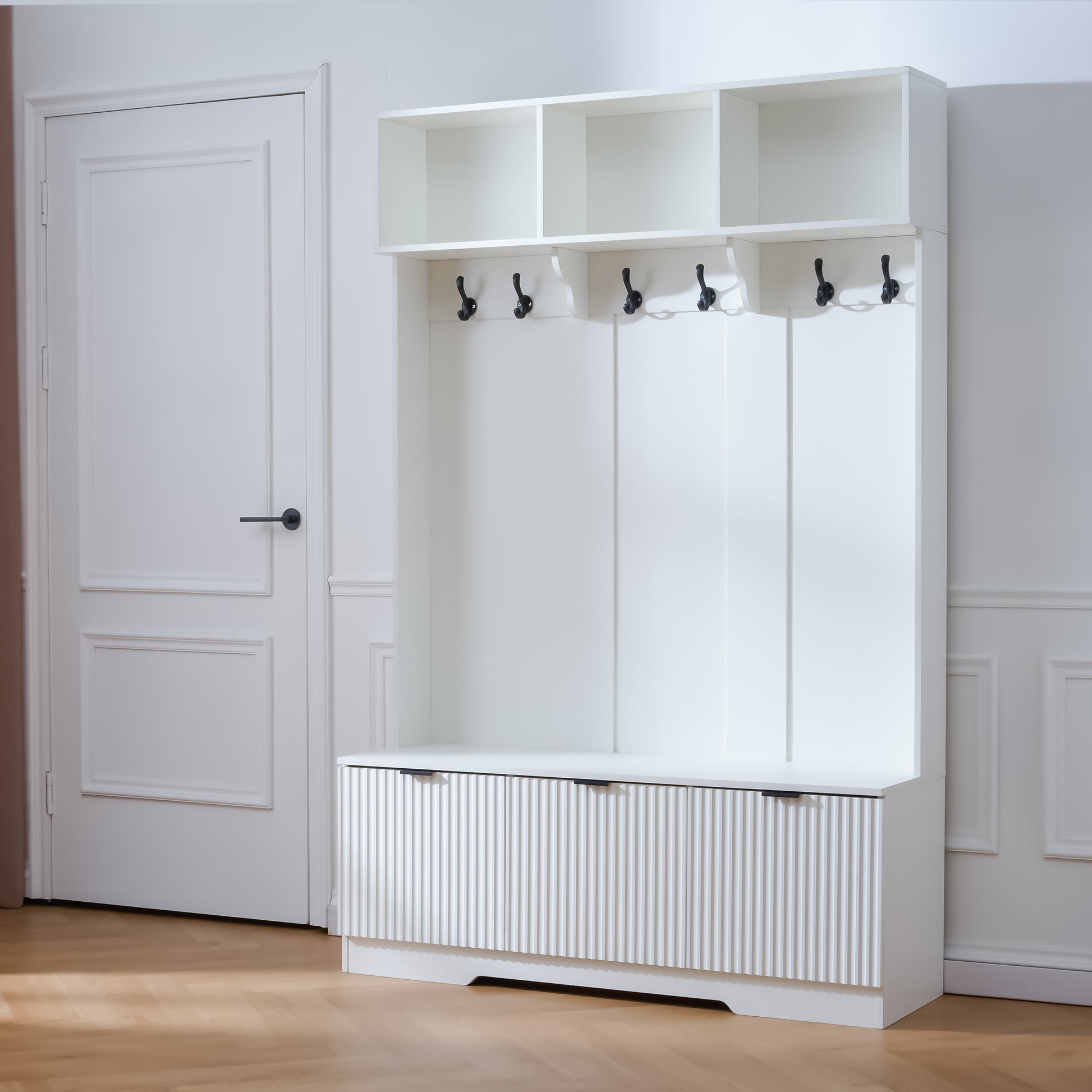 49.6 " 5-in-1 Hall Tree with Bench, Shoe Storage & 3 Open Storage Cabinets, Farmhouse Hall Tree with High Gloss Fluted Doors for Hallway Living Room image 4