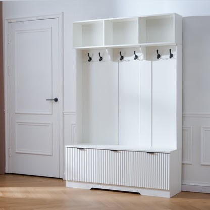 49.6 " 5-in-1 Hall Tree with Bench, Shoe Storage & 3 Open Storage Cabinets, Farmhouse Hall Tree with High Gloss Fluted Doors for Hallway Living Room image 4