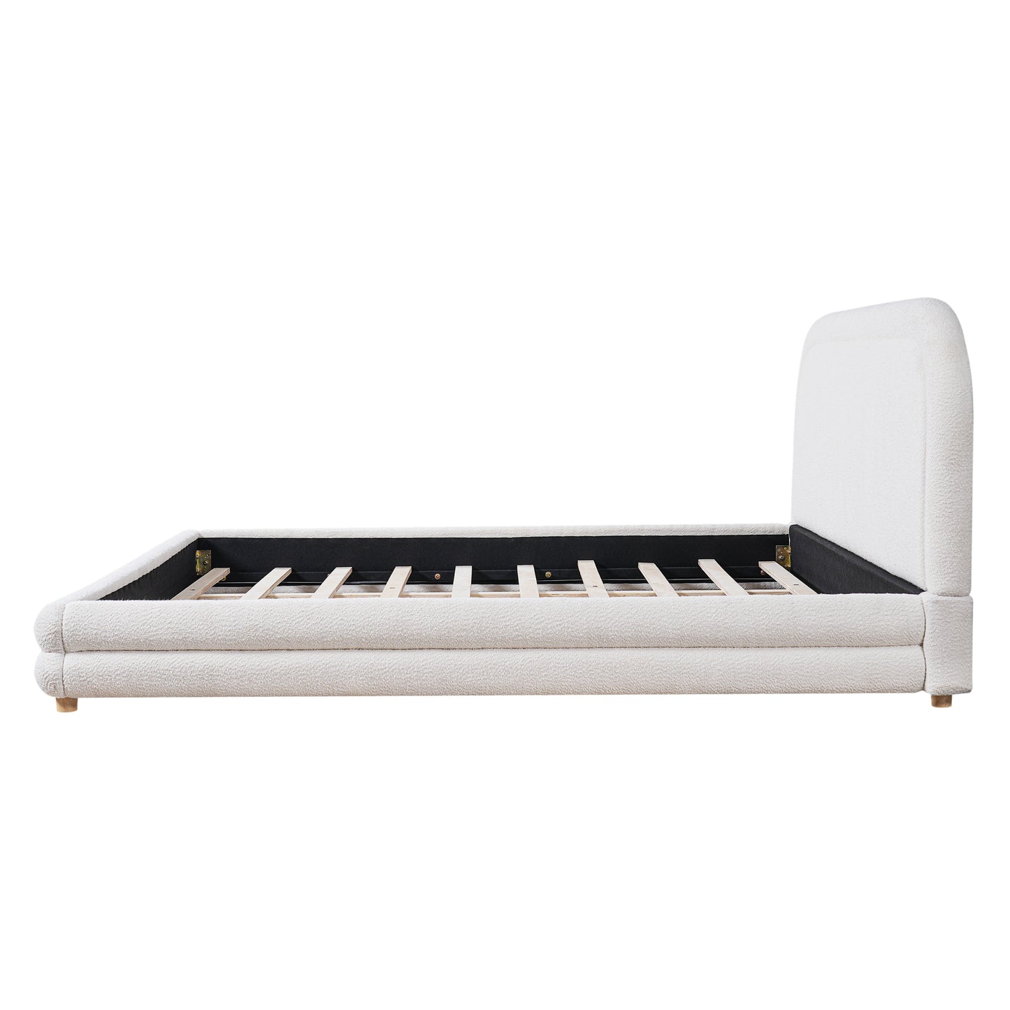 King Size Bed Frame With Boucle Upholstered Thick Curved Headboard, Solid Wood Legs, White image 8