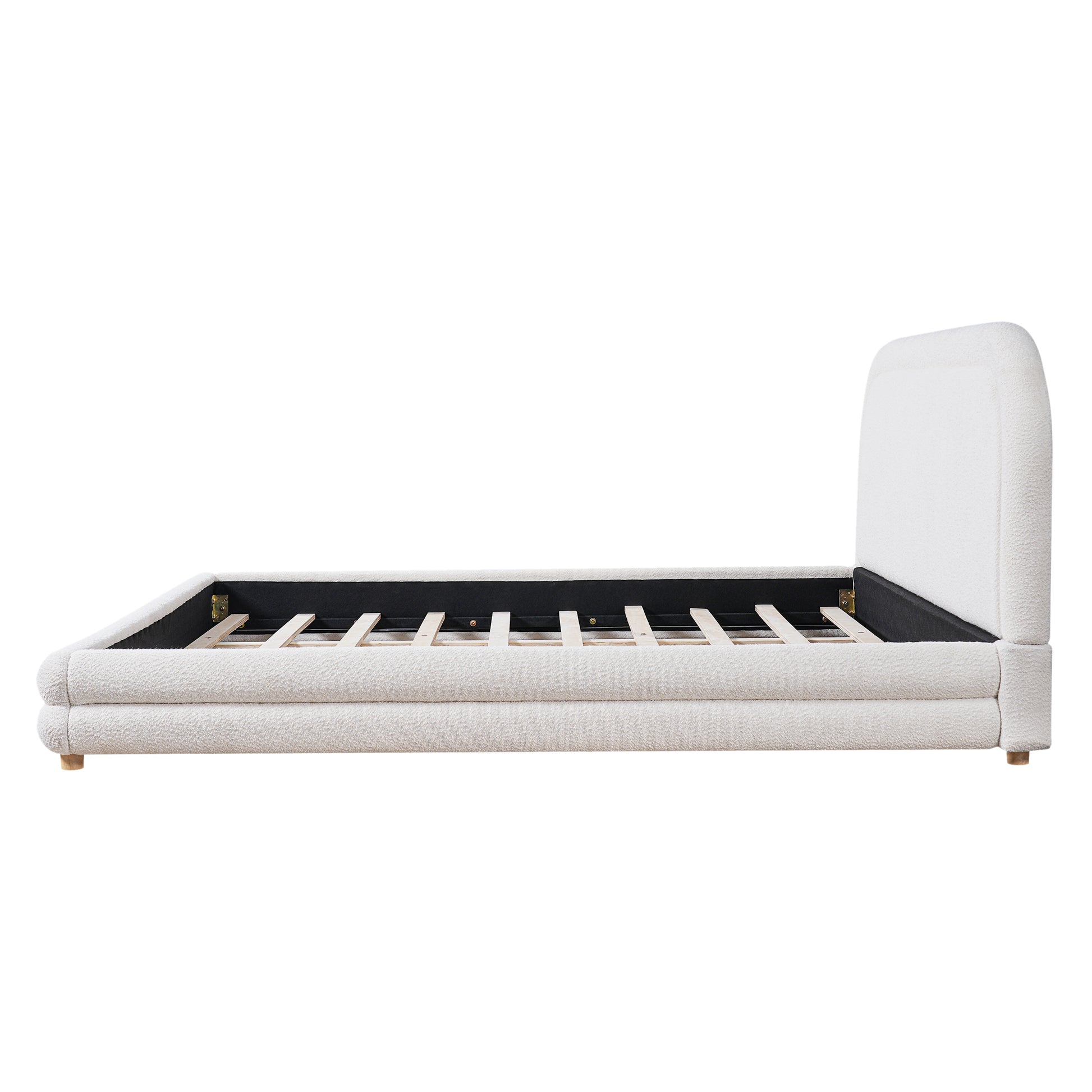King Size Bed Frame With Boucle Upholstered Thick Curved Headboard, Solid Wood Legs, White image 8