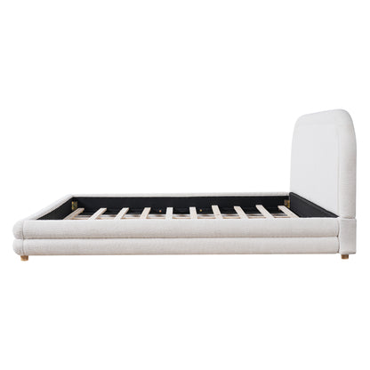 King Size Bed Frame With Boucle Upholstered Thick Curved Headboard, Solid Wood Legs, White image 8