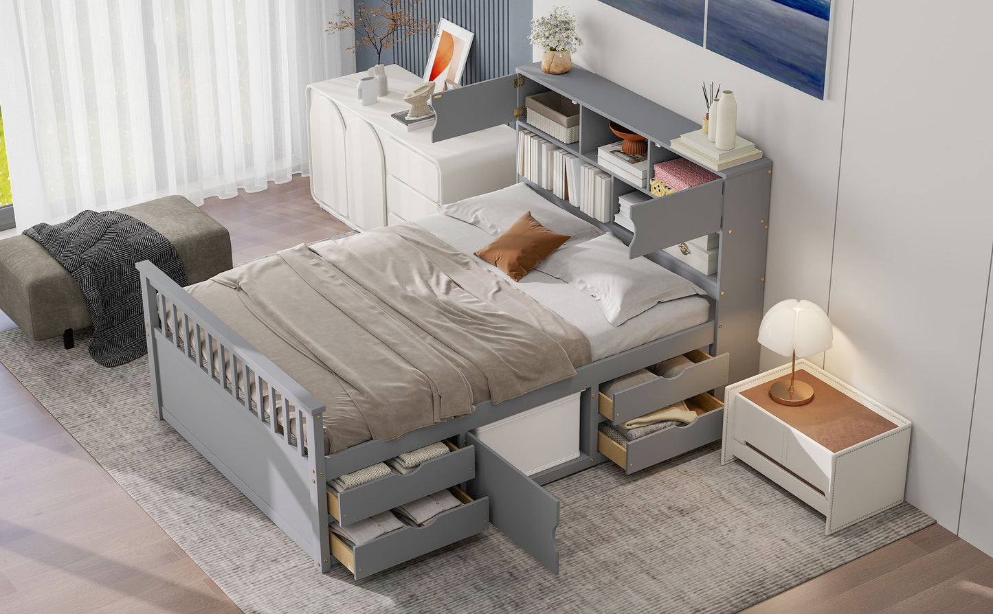 Full Size Captain Platform Bed Frame with Storage Bookcases and Shelves,Four Drawers,Gray image 8