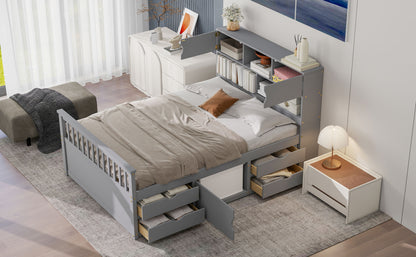 Full Size Captain Platform Bed Frame with Storage Bookcases and Shelves,Four Drawers,Gray image 8