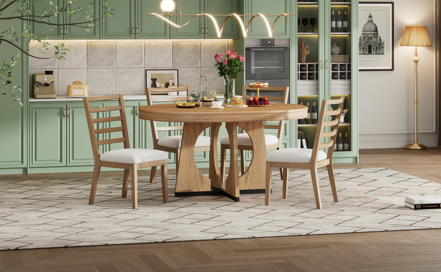 TREXM Round Dining Table for 4 with Chairs Set, Extendable Dining Table Set with 16" Removable Middle Leaf, 5 Piece Retro Dining Table Set Unique Geometric Design for Kitchen, Dining Room (Natural) image 9