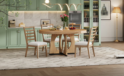 TREXM Round Dining Table for 4 with Chairs Set, Extendable Dining Table Set with 16" Removable Middle Leaf, 5 Piece Retro Dining Table Set Unique Geometric Design for Kitchen, Dining Room (Natural) image 9