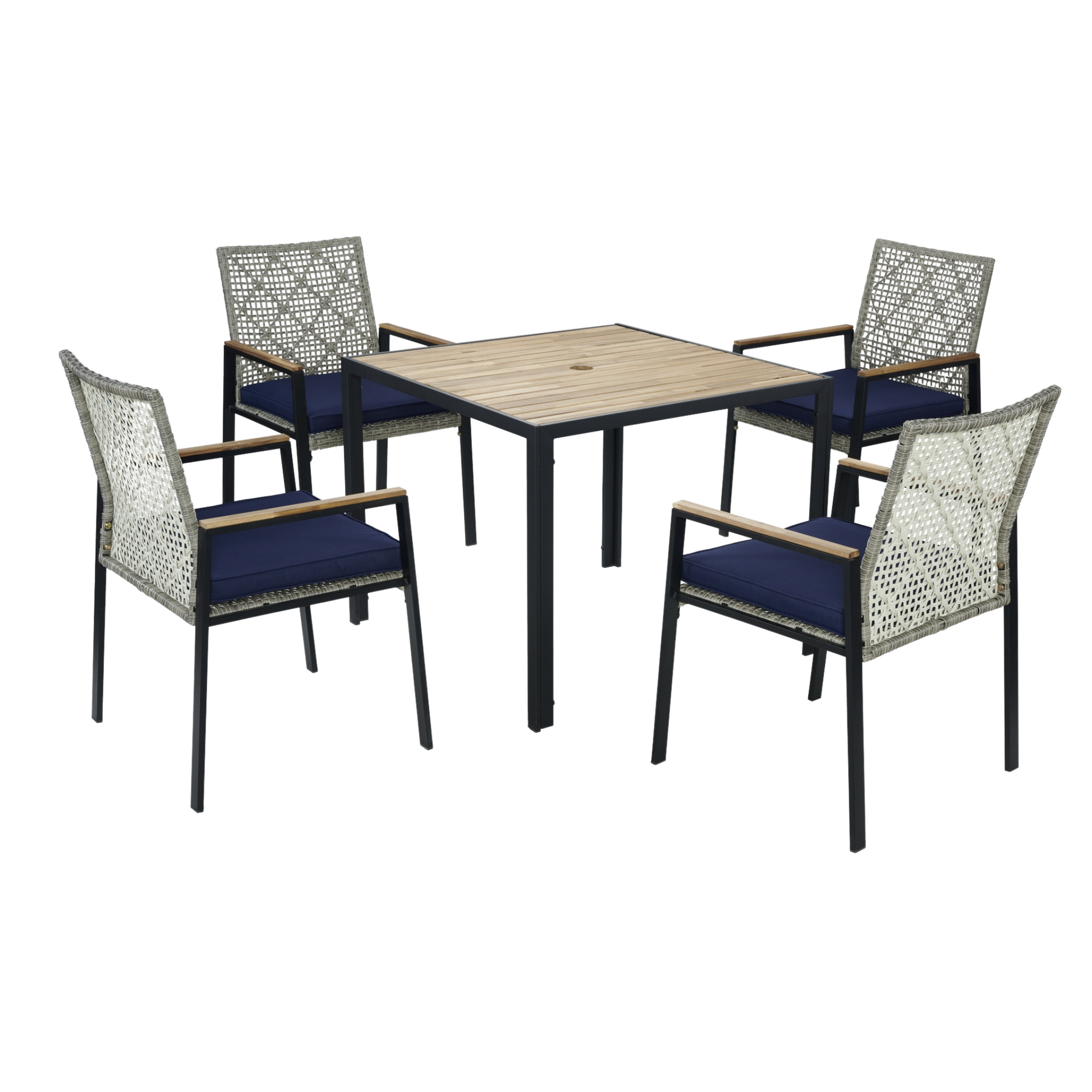 All Weather 5-Piece Patio Dining Table Sets, Patio Conversation Set Acacia Wood Table Top with Umbrella Hole, Rattan Outdoor, Light Gray Color image 11
