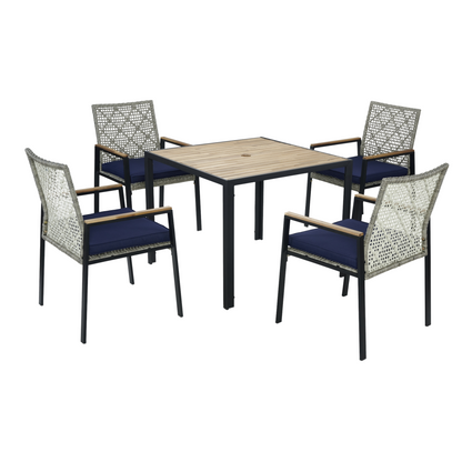 All Weather 5-Piece Patio Dining Table Sets, Patio Conversation Set Acacia Wood Table Top with Umbrella Hole, Rattan Outdoor, Light Gray Color image 11