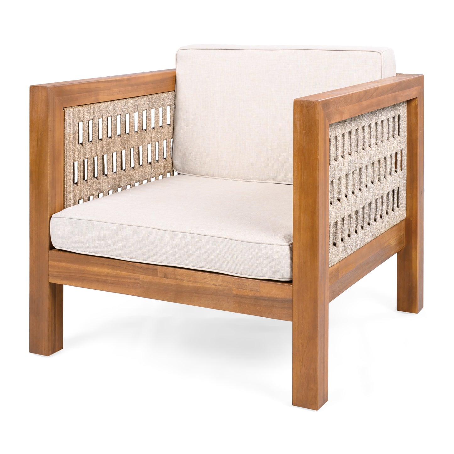 Acacia Wood Outdoor Club Chair with Beige Rope Arm and Beige Cushions,400 lbs Capacity image 10