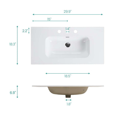 BB0930Y331, Integrated white ceramic basin with three predrilled faucet holes, faucet and drain assembly NOT included image 8