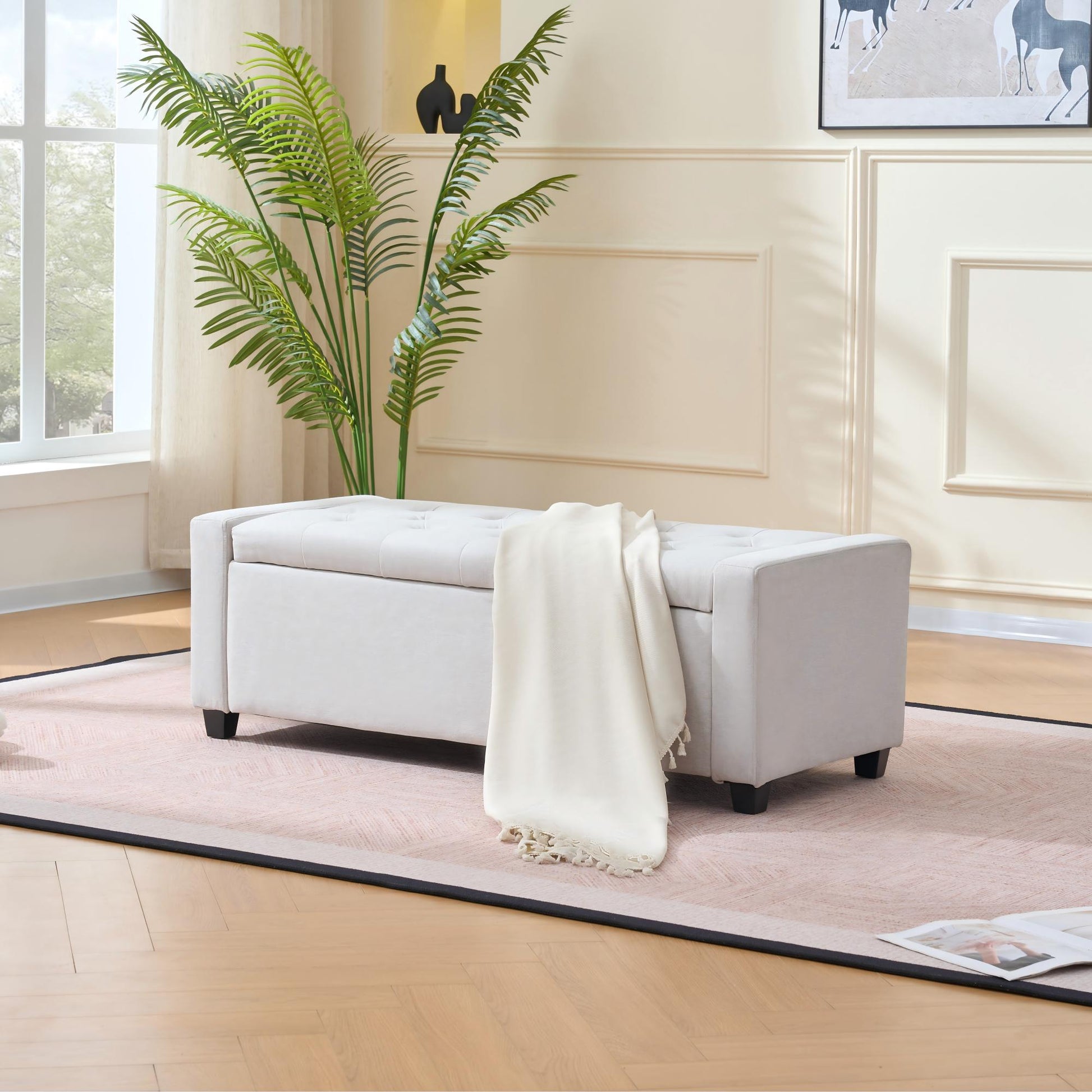 48" Storage Bedroom Bench for End of Bed, Faux Linen Upholstered Storage Ottoman with Arms for Bedroom,Living Room, Entryway, Beige image 1