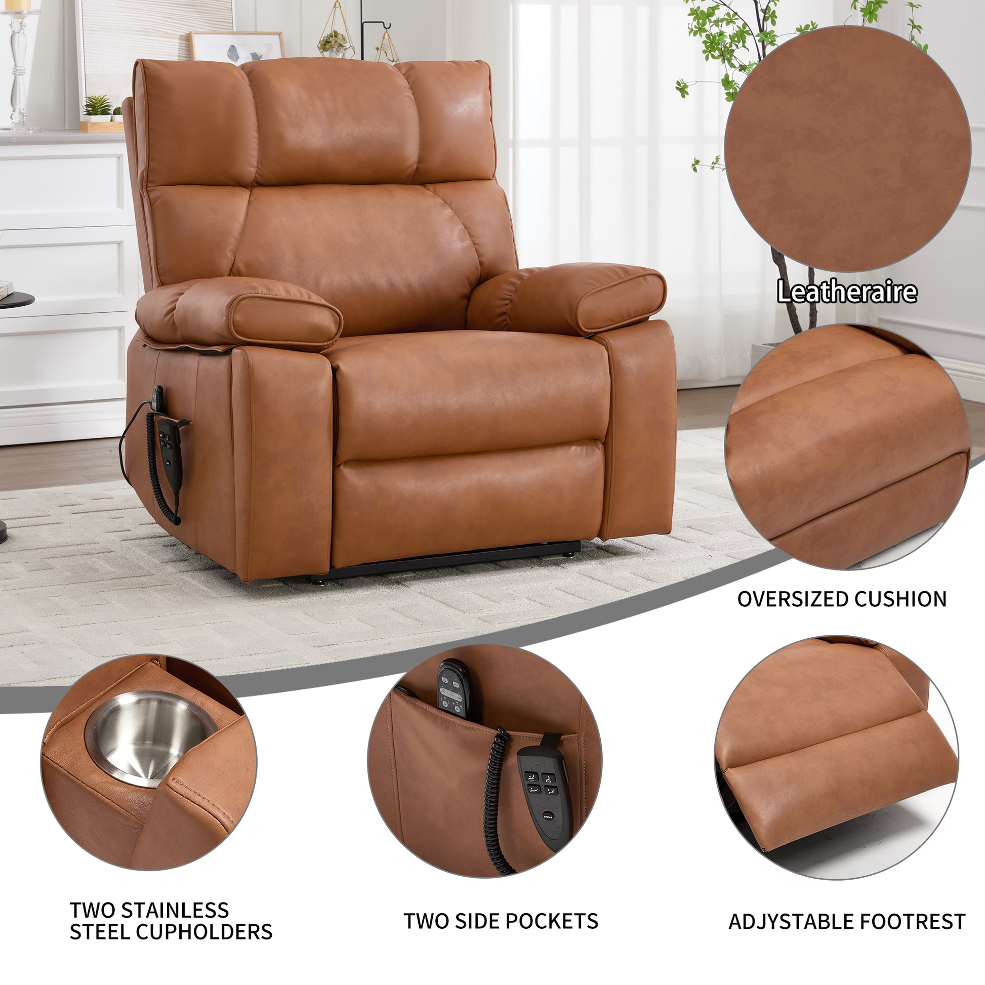 Orange Leatheraire Heat Massage Dual Motor Infinite Position Up to 350 LBS Large Electric Power Lift Recliners with Hidden Cup Holders, Power-Remote, Medium-firm and Heavy Duty image 9