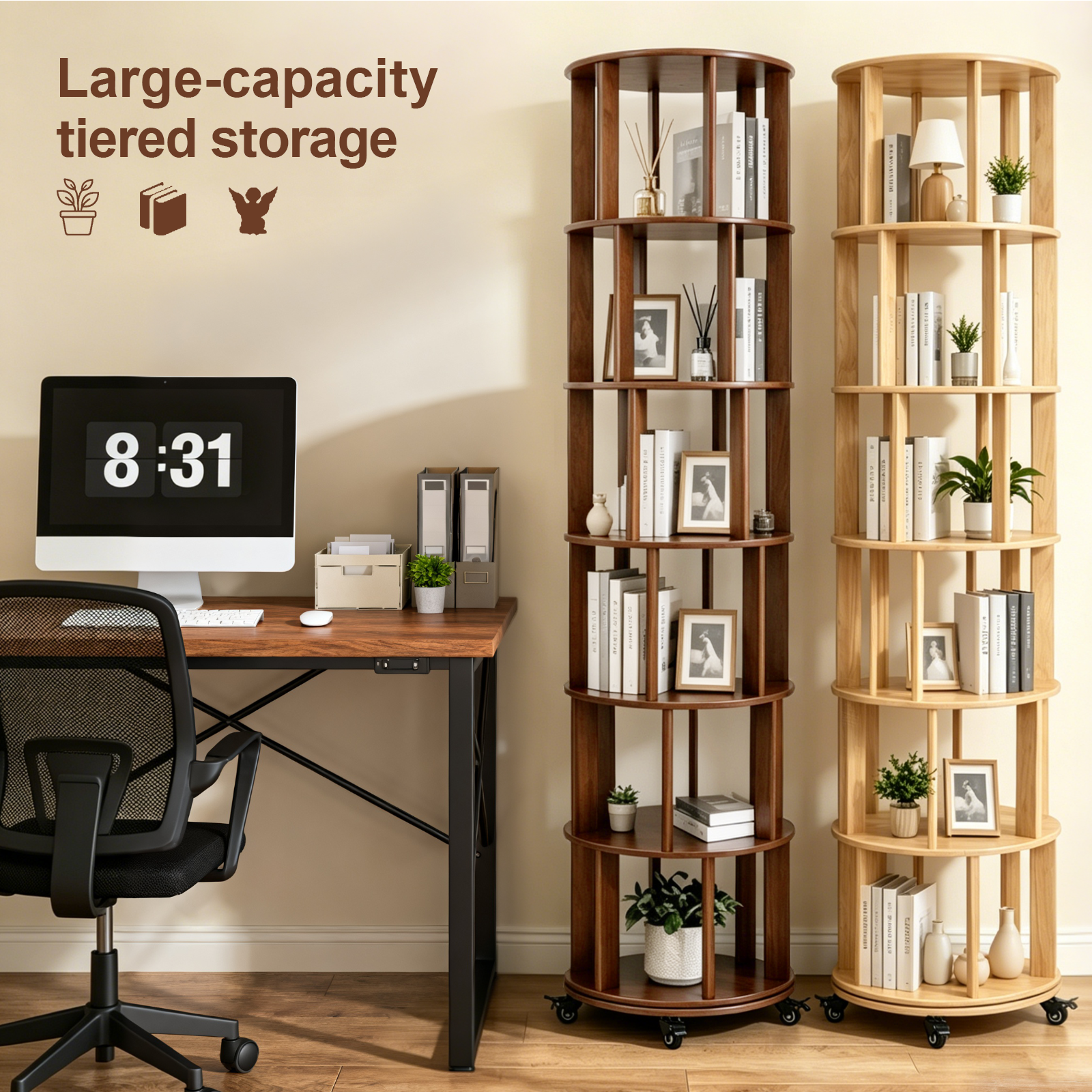 6 Tier Rotating Bookshelf, Solid Wood Rotating Bookshelf Tower with Wheels, 360° Display Round Spinning Bookshelf for Small Spaces, Corner, Bedroom, Living Room, Home, Office, Walnut image 6