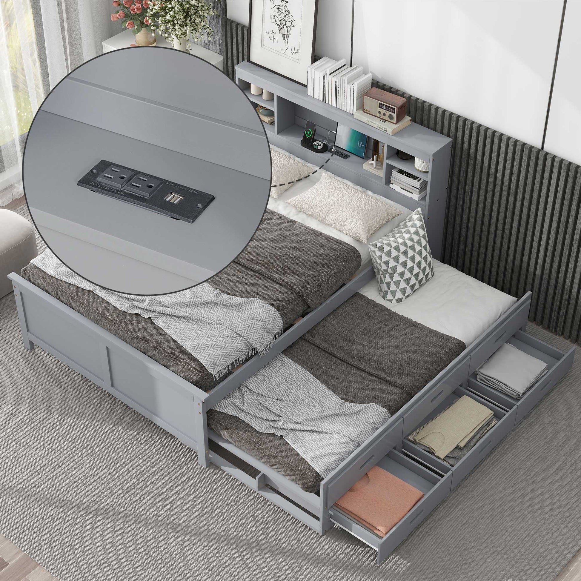 Full Size Platform Bed with Storage Headboard, USB, Twin Size Trundle and 3 Drawers, Gray image 1