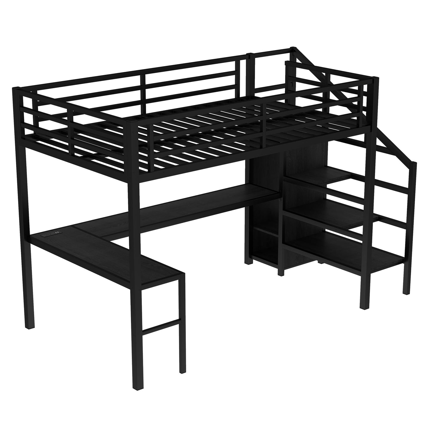Full Size Loft Bed with L-shaped Desk and USB, Metal Loft Bed with Wardrobe and Adjustable Shelf, High Loft Bed with LED for Kids Teens Adults, Black image 6