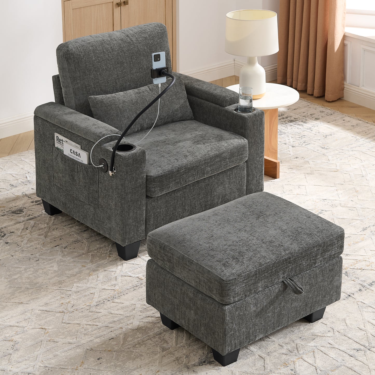 Single sofa recliner with manually adjustable backrest, USB charging port on the armrest side, phone stand included, hidden armrest storage, and a matching storage ottoman-Gray image 2