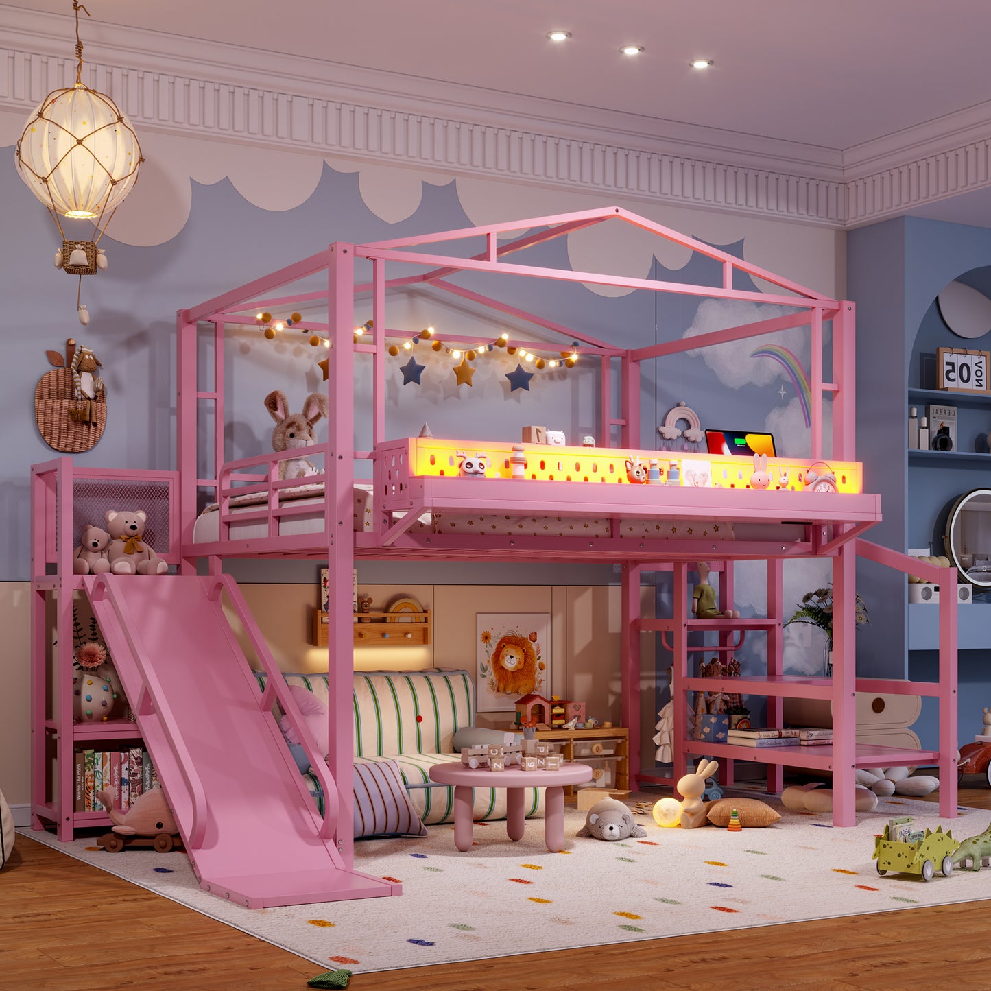 Full Size Loft Bed with Storage Stairs, Shelves and Built-in Wardrobe, Metal Loft Bed Frame with USB Ports and LED Lights, Noise-reduced Design, Pink image 1