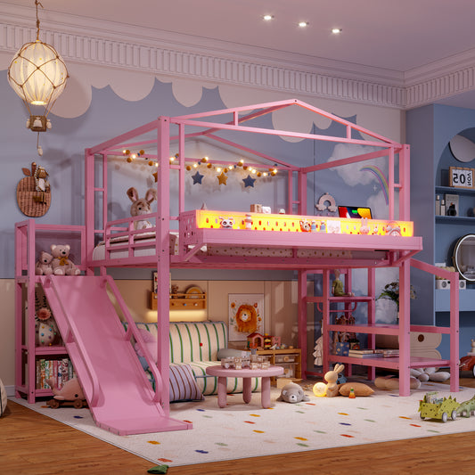 Full Size Loft Bed with Storage Stairs, Shelves and Built-in Wardrobe, Metal Loft Bed Frame with USB Ports and LED Lights, Pink - Front View