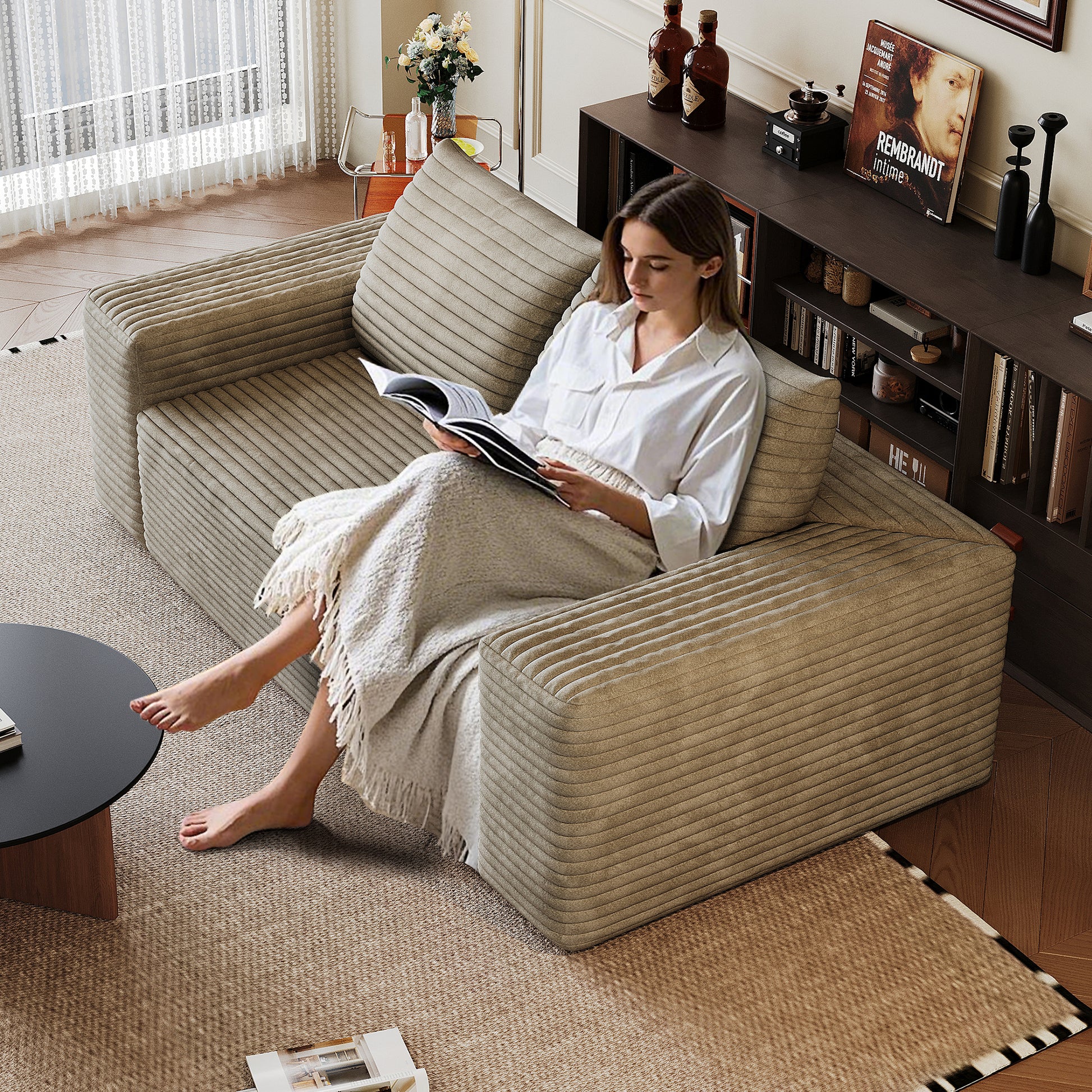 63" 2Setaser Sofa,Corduroy Fabric,Deep Seat Couches,Comfy Loveseat Sofa,No Assembly,1pcs for Living room, Bedroom,Conference room,Apartment,Camel image 3