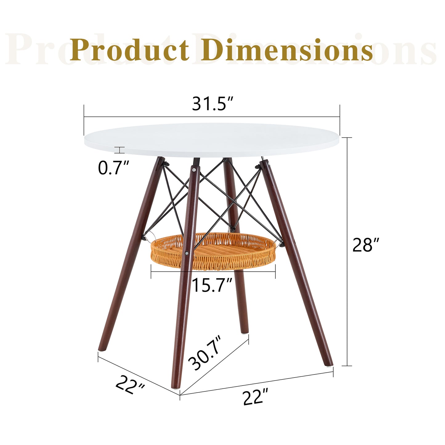 31.5-inch diameter circular dining table, white MDF vacuum formed tabletop, walnut solid wood legs, with suspended woven storage basket structure. A casual coffee table suitable for 2-4 people. image 4