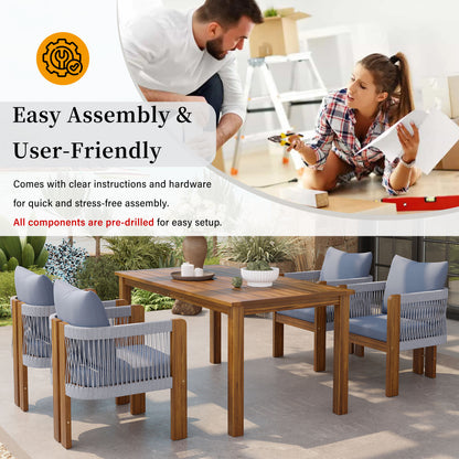 U_STYLE Luxury 5-Piece Outdoor Patio Dining Set for 4, Solid Acacia Wood Dinning Set with Rope Woven Chairs,Farmhouse Dining Furniture Set for Garden, Backyard, Poolside image 10