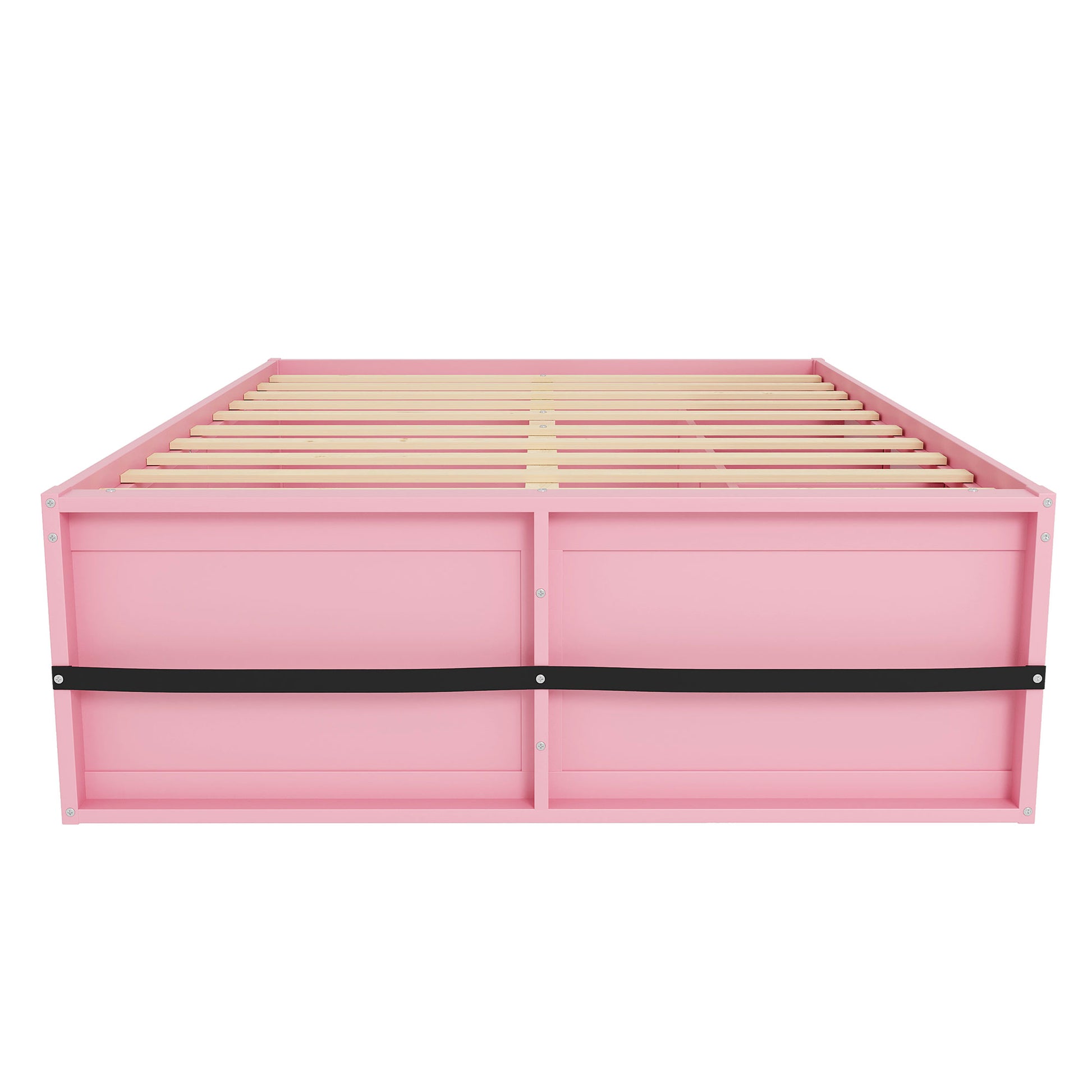 Queen Size Wooden Platform Bed with Bookshelf, Display Cabinet, LED Light and Drawer, Pink+White image 11