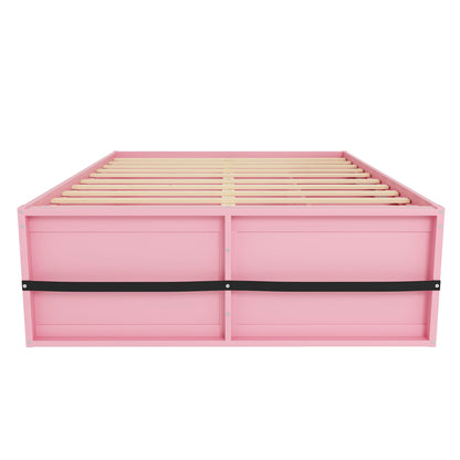 Queen Size Wooden Platform Bed with Bookshelf, Display Cabinet, LED Light and Drawer, Pink+White image 11