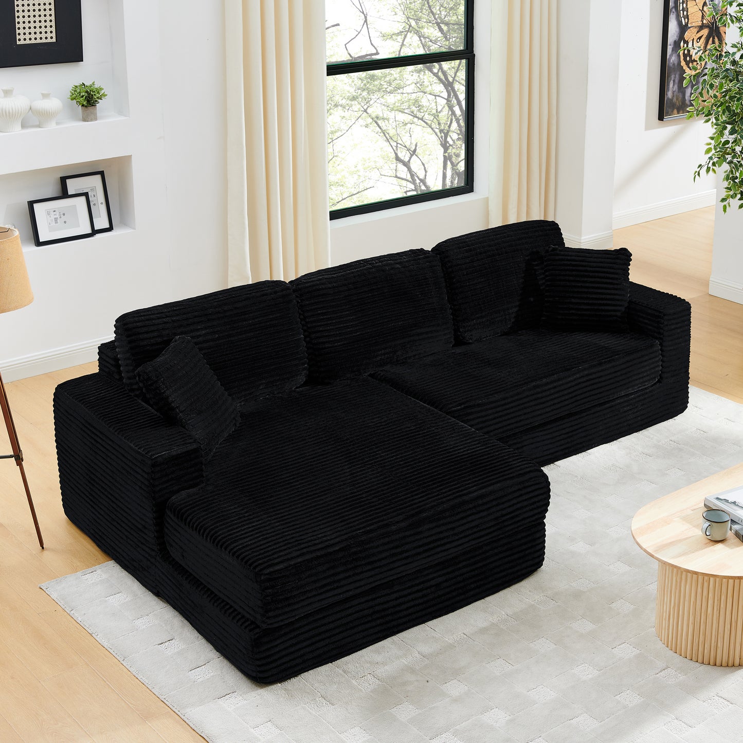 Left sofa seat,L shape Modular Sectional Sofa, Compressed Sectional Sofa Modern Minimalist Style Corduroy Couch,Unfold into a bed, Bedroom, Comfy Compressed Sofa Couch Space-Efficient Design-black image 2