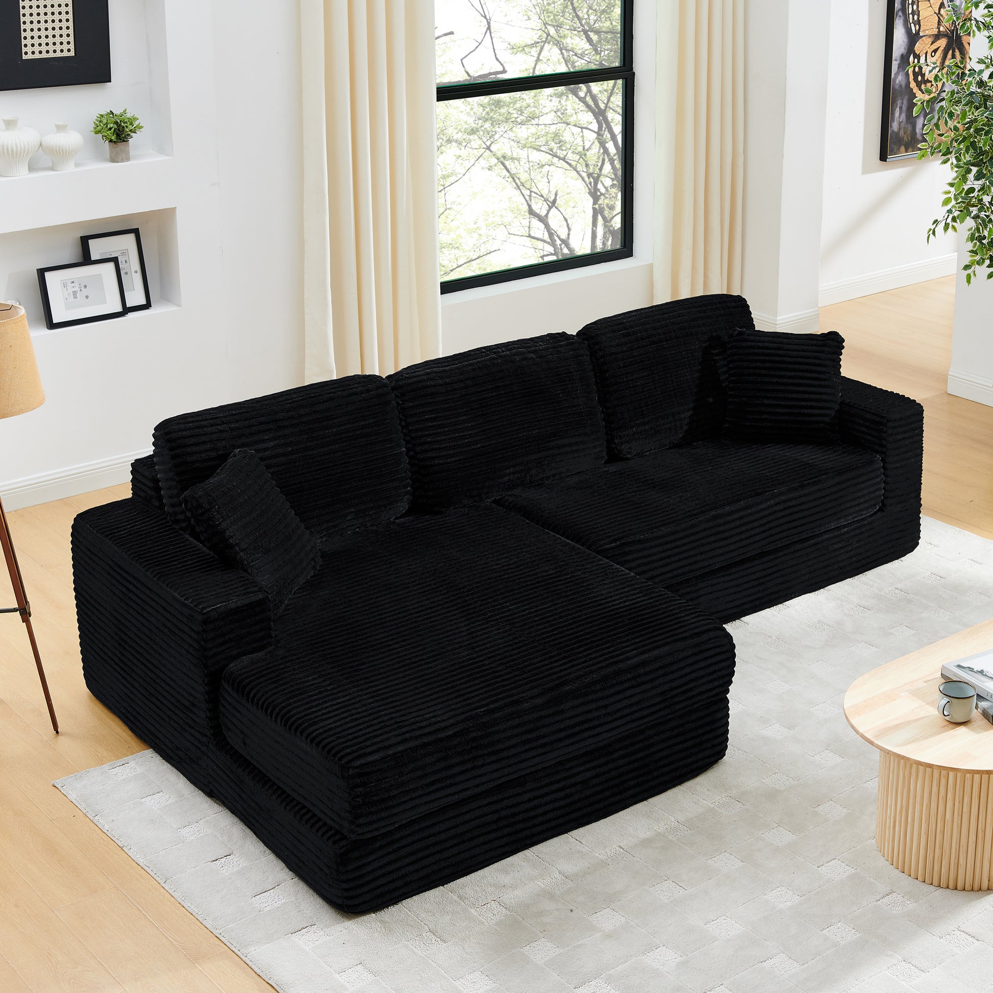 Left sofa seat,L shape Modular Sectional Sofa, Compressed Sectional Sofa Modern Minimalist Style Corduroy Couch,Unfold into a bed, Bedroom, Comfy Compressed Sofa Couch Space-Efficient Design-black image 2