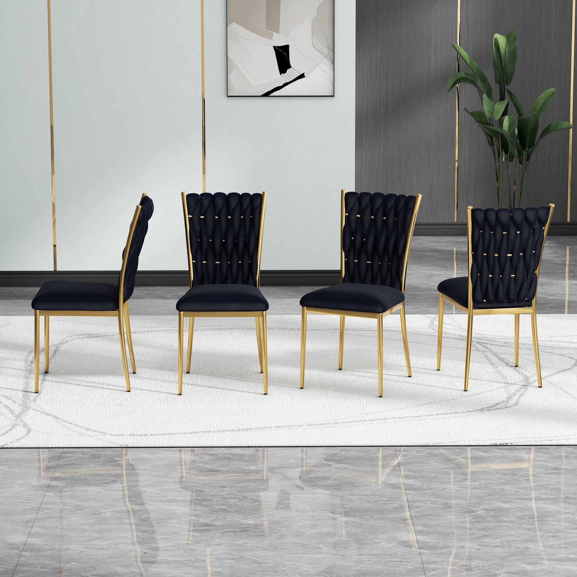 Modern simple black velvet dining chair, family bedroom stool back student table chair, gold-plated metal chair legs, suitable for dining room kitchen bedroom (set of 4) image 4