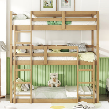 Triple Rubber Wood Bunk Bed with Two Built-in Ladders, Guardrails, Twin over Twin over Twin, Detachable Triple Twin Bunk Bed,Natural image 1