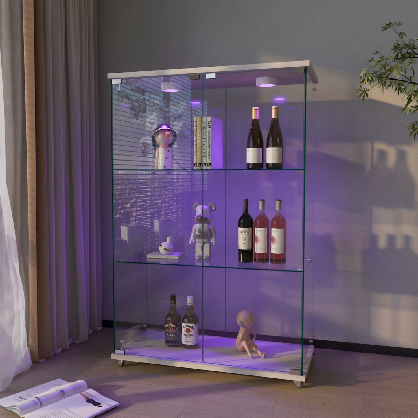 Modern Glass Display Cabinet with LED lights, Quick-assembly Antique Cabinet, Tempered Glass Bookshelf, Suitable for Living Room and Bedrooms, 2-door 3-shelf, Transparent+White (Old Sku:W241P242928) image 3