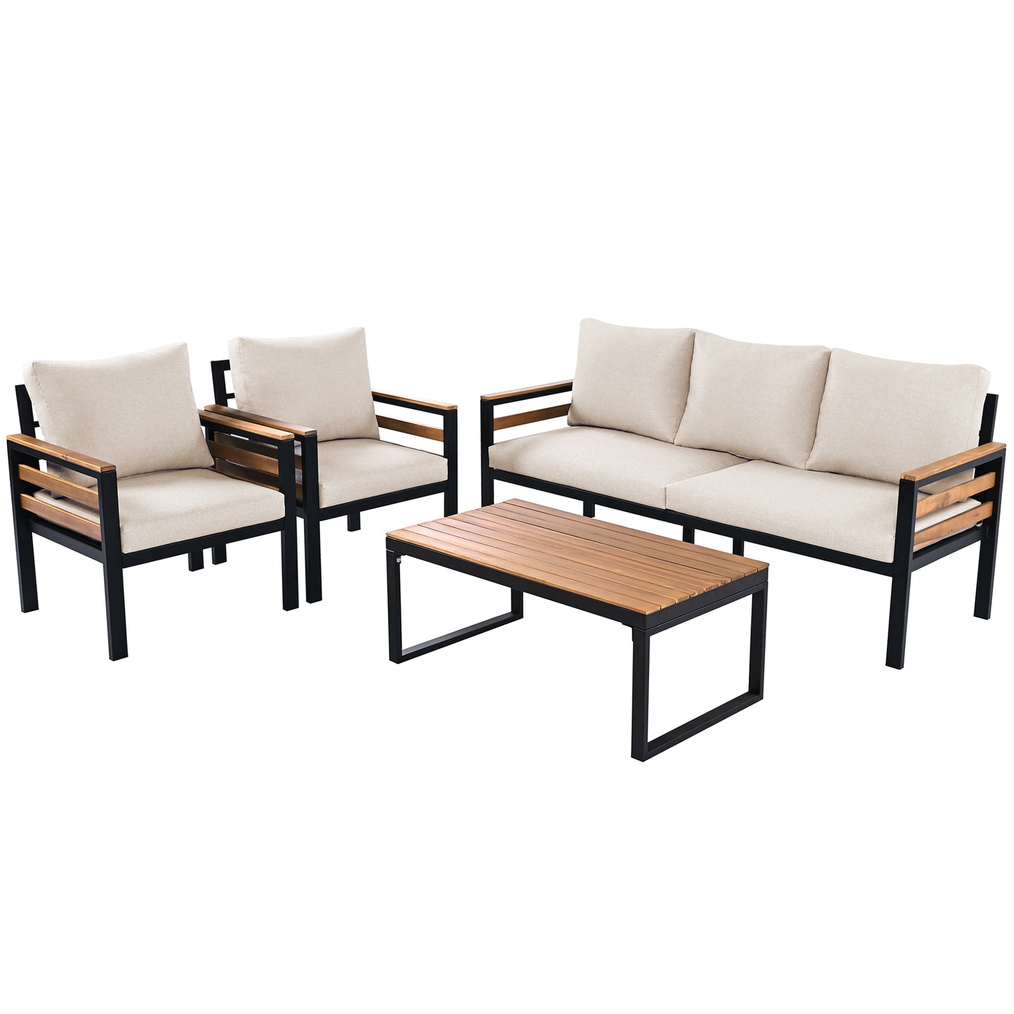 <Old SKU: N704G201246A> GO 4-Piece Outdoor Furniture Sofa Set for 5 People with Acacia Wood Armrests, Patio Conversation Set with Removable Cushion and Solid Wood Coffee Table for Garden,Beige image 10