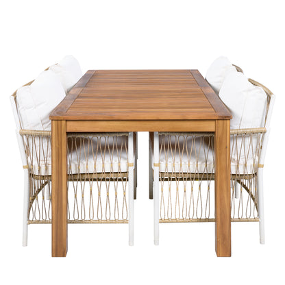 TOPMAX Patio 5pcs Wooden Dining Table Set, Outdoor 67''L Rectangular Table with 4 Rattan Arm Chairs for Poolside, Backyard, Garden, Natural image 12