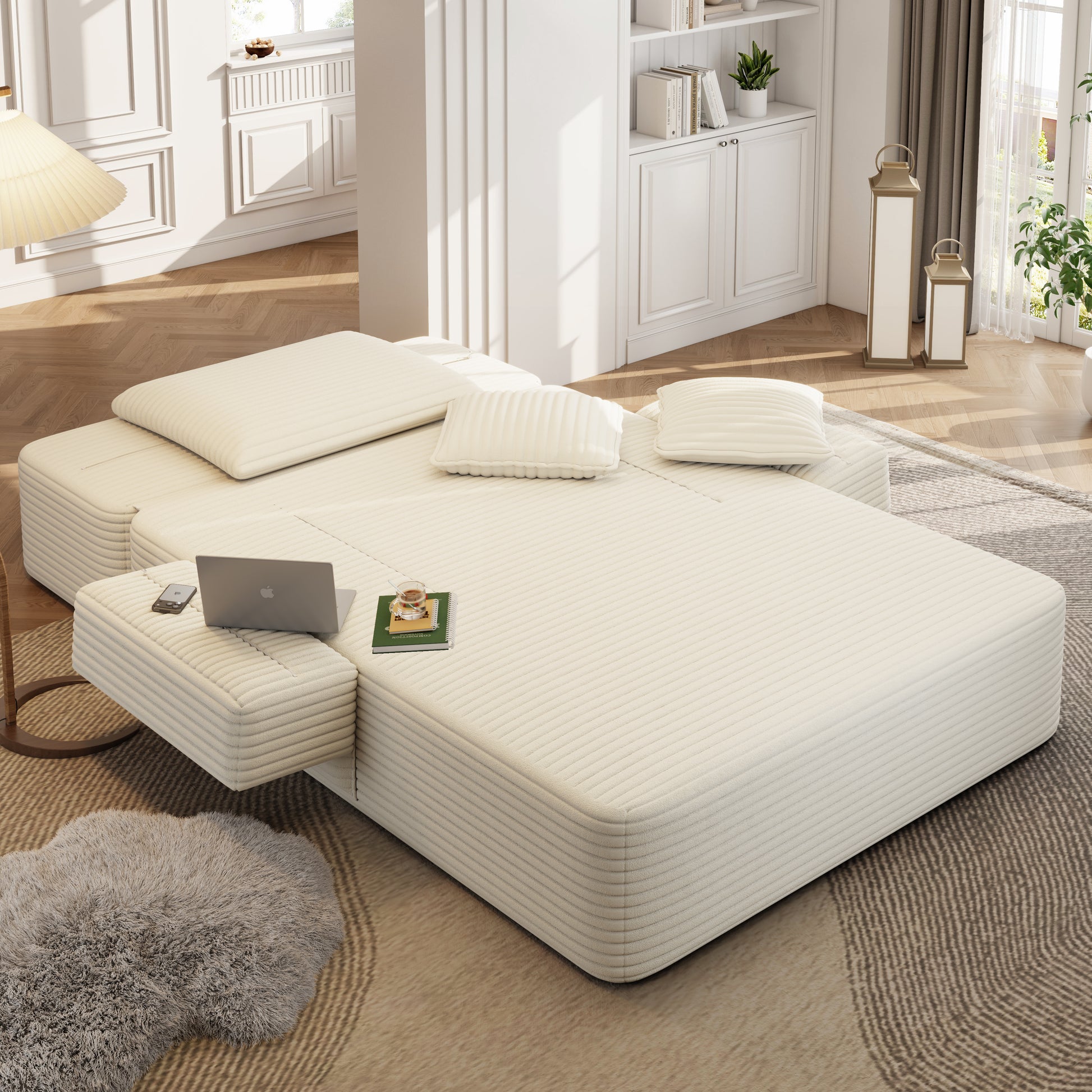 Luxurious Plush Corduroy Chaise Lounge with 3 Pillows, Convertible Sofa Bed with Storage Pocket, Frameless Design & Compression Foam for Small Spaces, Living Room, Apartment,Beige&White image 8