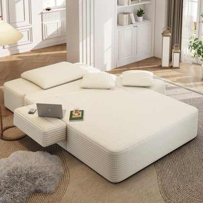 Luxurious Plush Corduroy Chaise Lounge with 3 Pillows, Convertible Sofa Bed with Storage Pocket, Frameless Design & Compression Foam for Small Spaces, Living Room, Apartment,Beige&White image 8