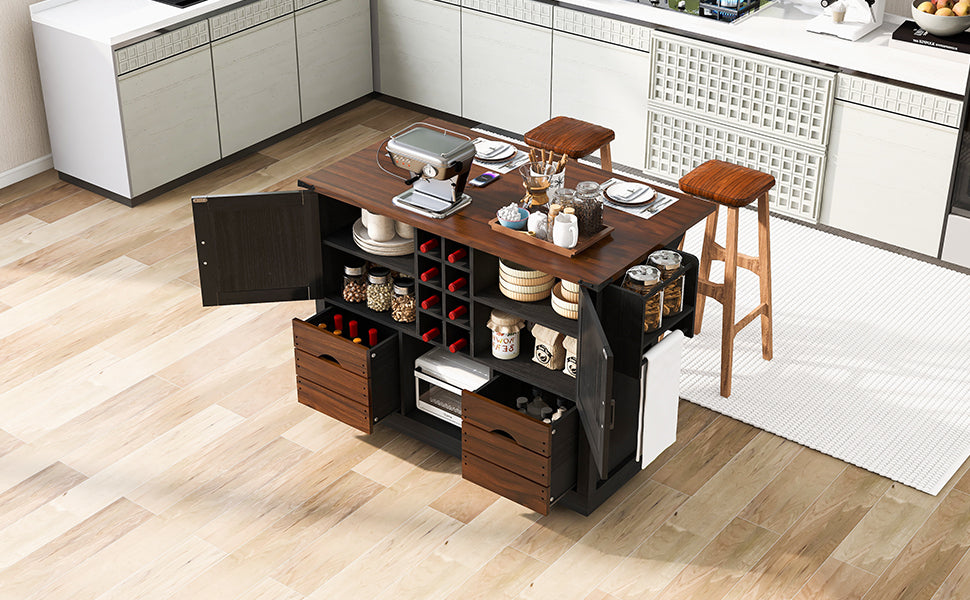 K&K 54" Farmhouse Kitchen Island with Drop Leaf, Power Outlet, Kitchen Storage Cart with 2 Doors, 2 Drawers, Rolling Kitchen Island on 4 Large Wheels with Spice Rack for Kitchen, Dining Room, Black image 8