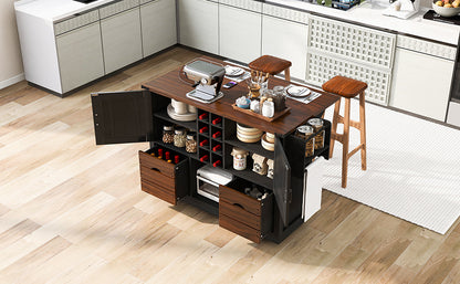 K&K 54" Farmhouse Kitchen Island with Drop Leaf, Power Outlet, Kitchen Storage Cart with 2 Doors, 2 Drawers, Rolling Kitchen Island on 4 Large Wheels with Spice Rack for Kitchen, Dining Room, Black image 8