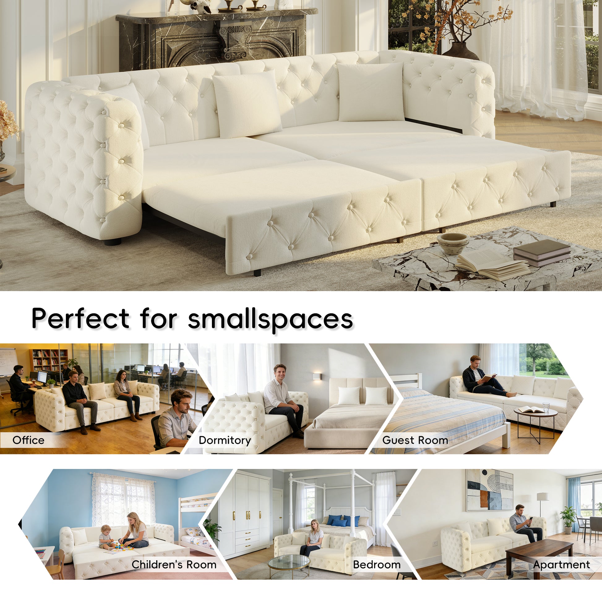 89" Extra Large Multifunctional Sofa Bed, 3-in-1 Pull Out Sofa, 4-Seater Classic Velvet Sofa with Tufted Design, Includes 3 Throw Pillows, Suitable for Apartments and Living Rooms, Beige&White image 5