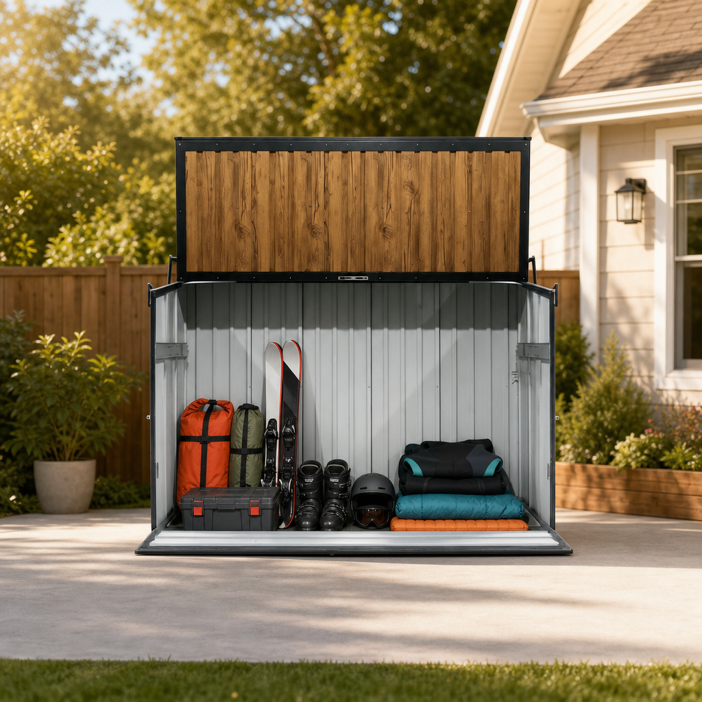 Wood Grain Galvanized Steel Storage Cabinet, Lift-Up Top & Foldable Front Door Large Capacity Tool Cabinet for Indoor, Garage & Backyard Use 594.39 US Gal 2.25m³ image 8