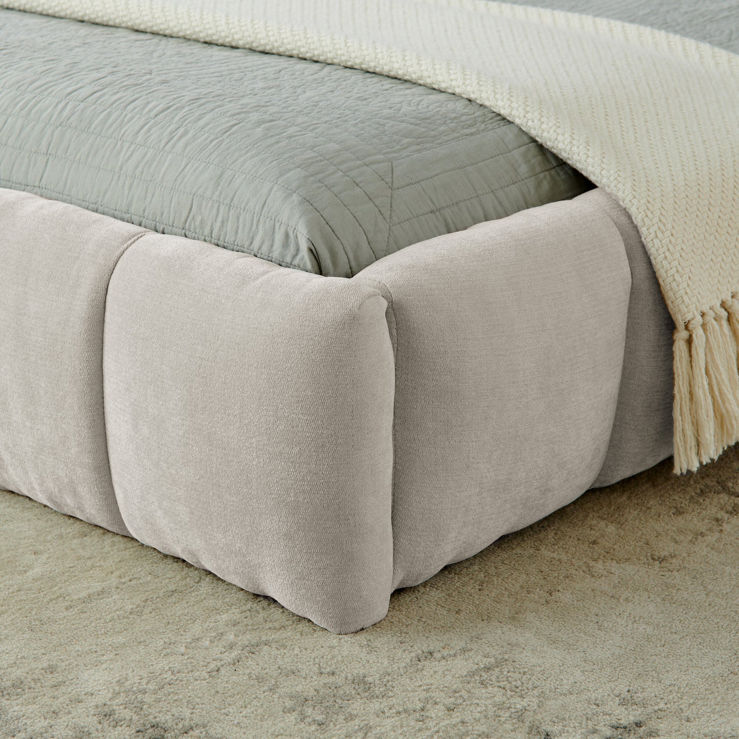 King size Upholstered Bed Frame with Thick Fabric, Chenille Fabric Grounded King Size Platform Bed with Headboard and Solid Frame. No Box Spring Needed-Beige(88.5''*85.5''*24'') image 6