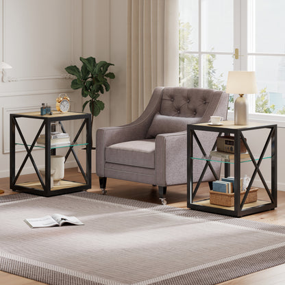 Set of 2 Modern End Table Nightstand for Bedroom & Living Room, Tempered Glass & Natural Wood MDF Top, Industrial Style Side Table image 1