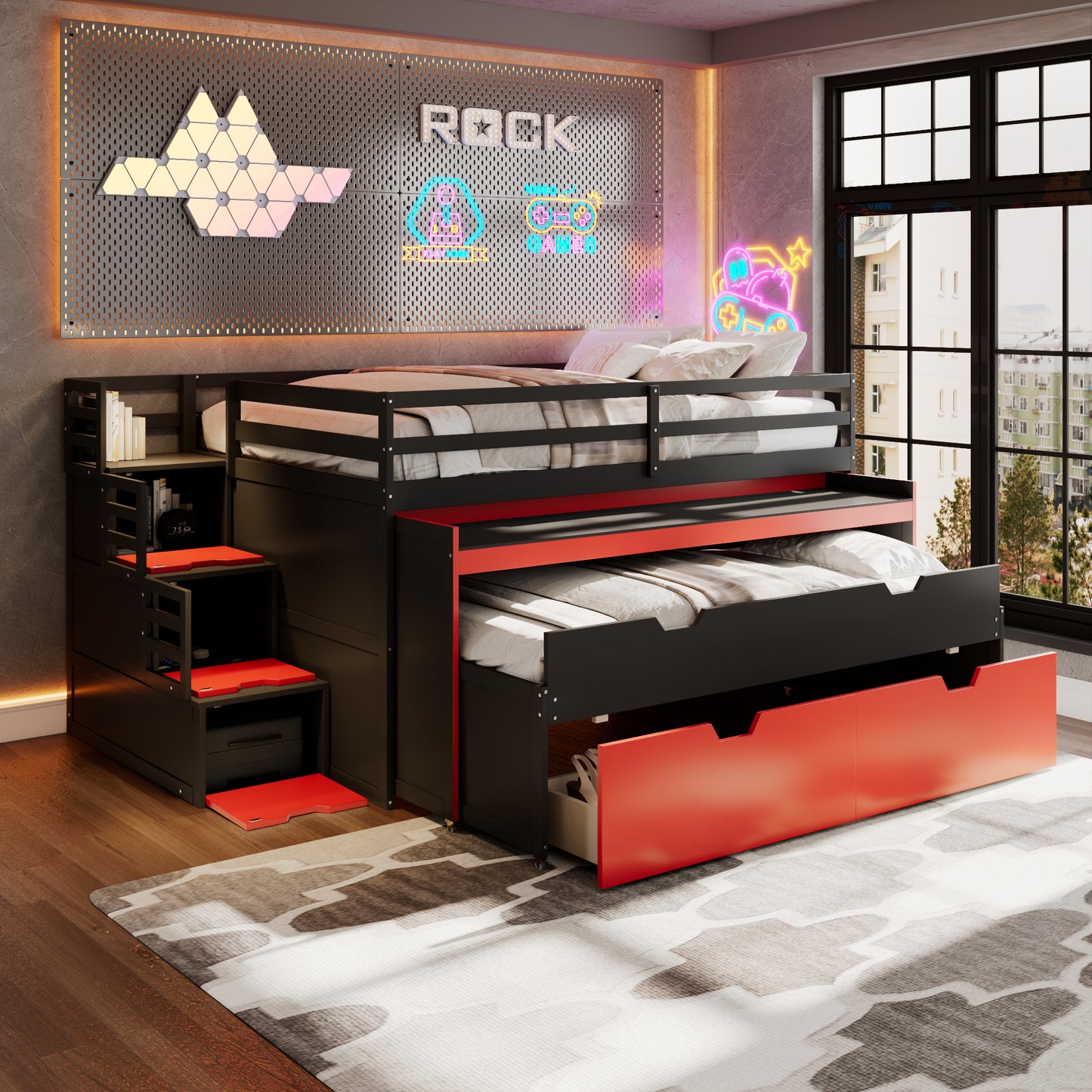 Full XL Loft Bed with Pull-Out Desk and Twin Trundle, Multi-Functional Bunk Bed with 2 Storage Drawers and Storage Steps, Space-Saving Gaming & Workstation Bedframe, Black+Red image 3