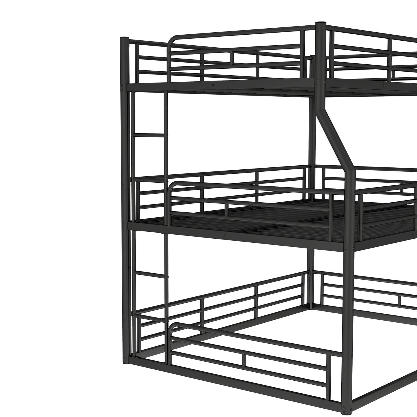 Full XL over Queen over Queen Bunk Bed, Metal Triple Bunk Bed with Safety Guardrails, Heavy-duty Bunk Bed with Noise-reduced Design, Black image 8