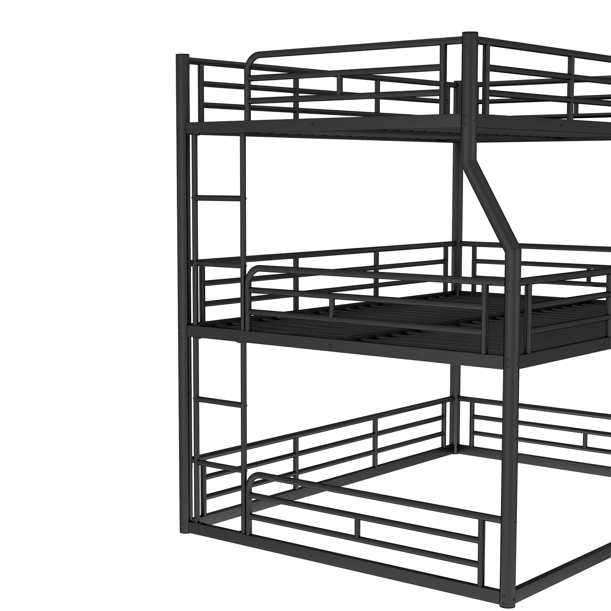 Full XL over Queen over Queen Bunk Bed, Metal Triple Bunk Bed with Safety Guardrails, Heavy-duty Bunk Bed with Noise-reduced Design, Black image 8