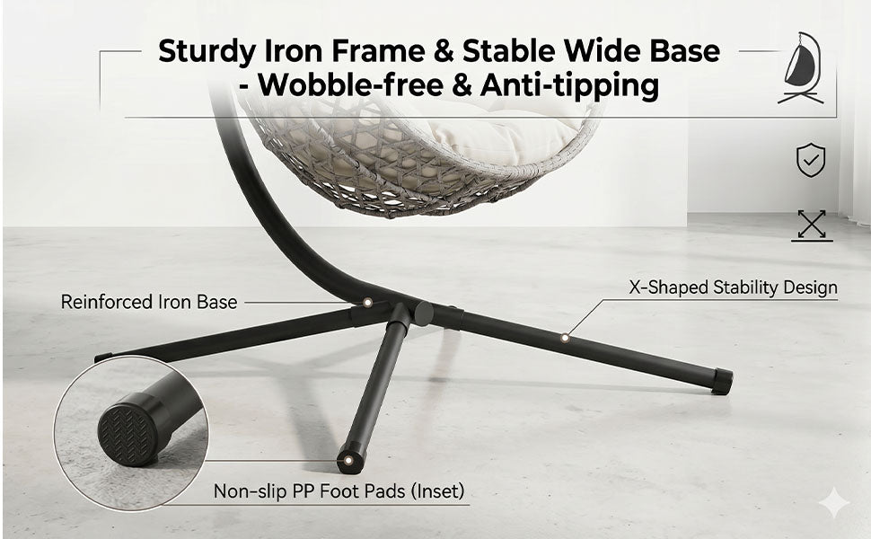 Folding PE Rattan Hanging Egg Chair with Stand, Gray Indoor Outdoor Hammock Swing Basket Chair, Aluminum Steel Frame for Patio Balcony Backyard Bedroom image 10