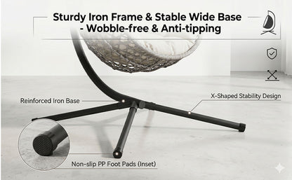 Folding PE Rattan Hanging Egg Chair with Stand, Gray Indoor Outdoor Hammock Swing Basket Chair, Aluminum Steel Frame for Patio Balcony Backyard Bedroom image 10