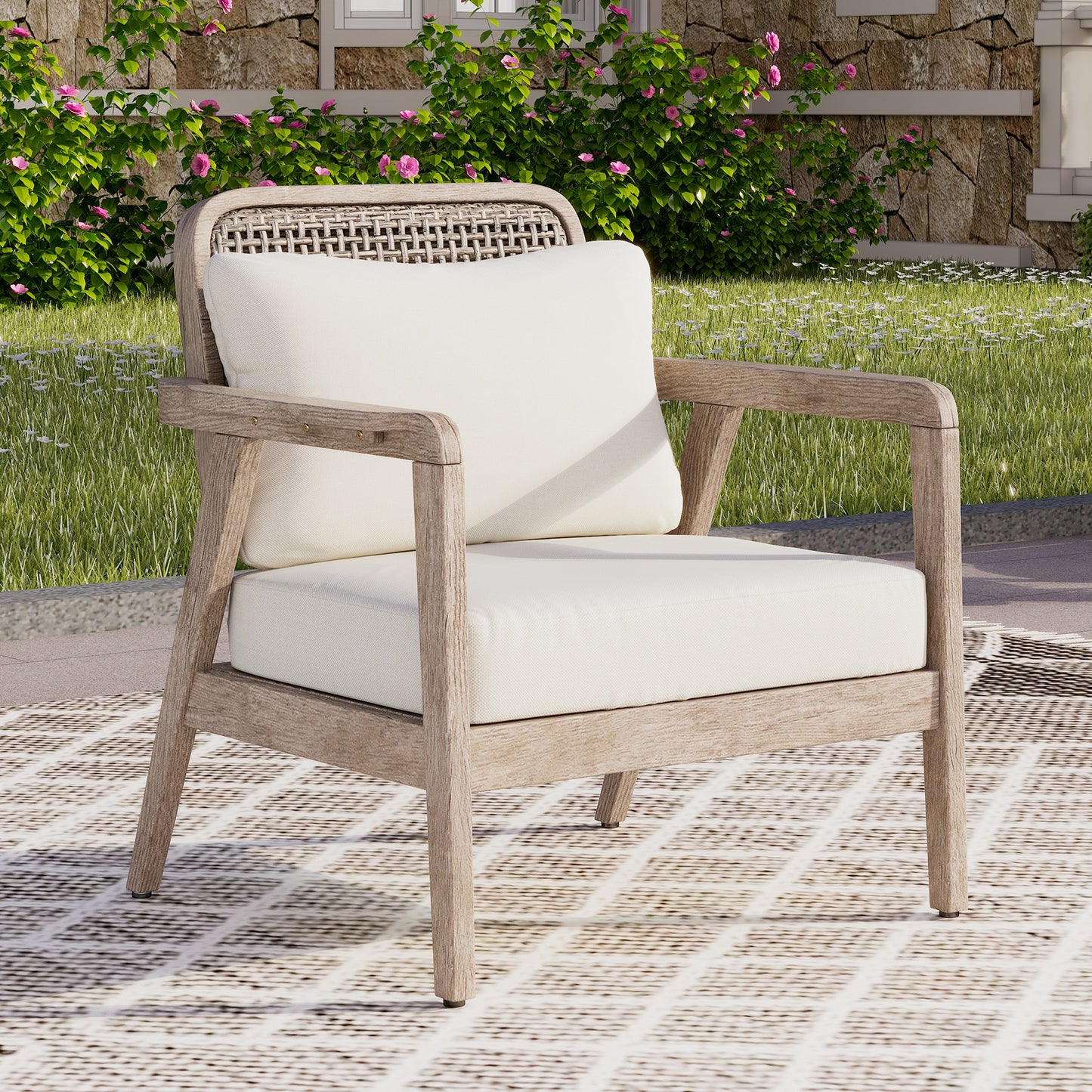 Outdoor Acacia Wood Patio Club Chair, Patio Furniture,Waterproof Thick Cushion Deep Seating for Porch, Garden, Backyard, Balcony, Weight Capacity 400lbs, Light Brown finish, Cream cushion image 1
