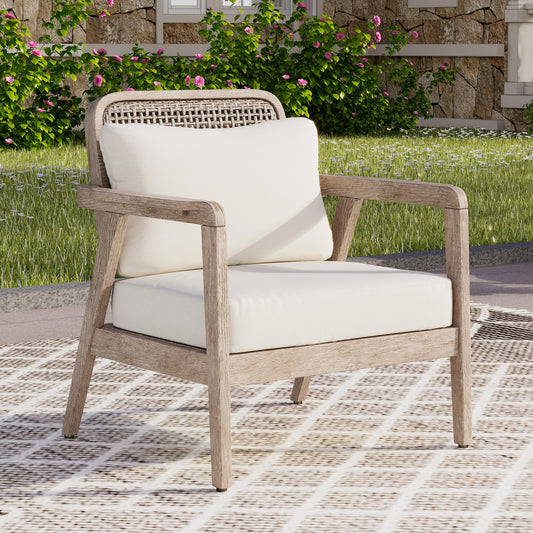 Outdoor Acacia Wood Patio Club Chair, Patio Furniture,Waterproof Thick Cushion Deep Seating for Porch, Garden, Backyard, Balcony, Weight Capacity 400lbs, Light Brown finish, Cream cushion image 1